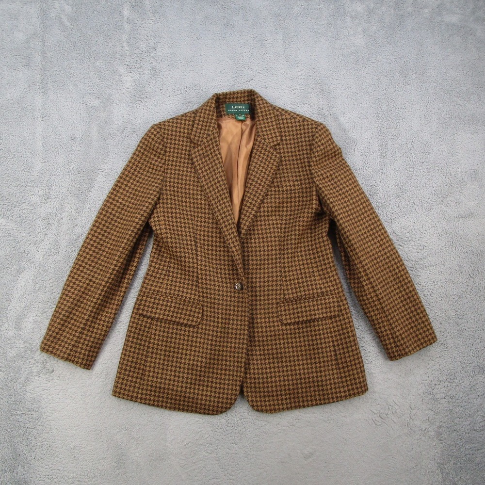 Lauren Ralph Lauren Blazer Women 10 Brown Houndstooth Wool Alpaca Horse Buttons